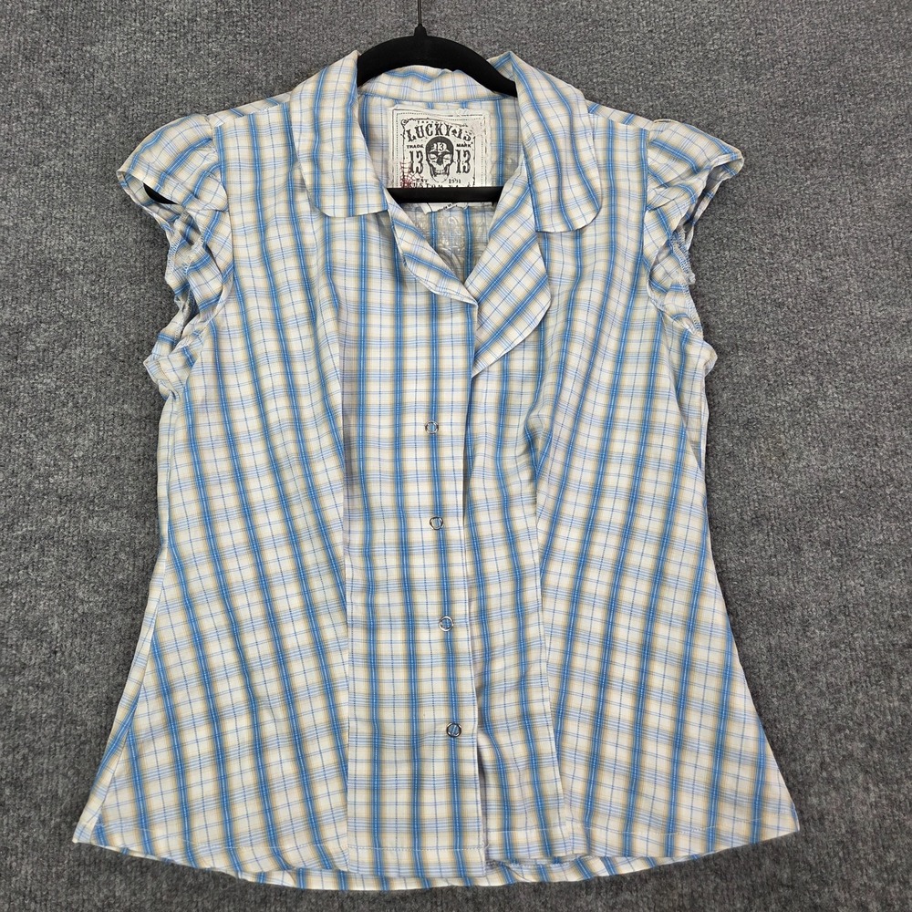 VTG Y2k Lucky Brand Rockabilly Plaid Button Down Top Blue Hot Rod Mechanic Large